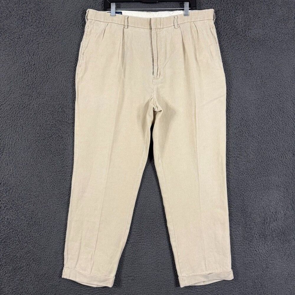 Vtg Polo Ralph Lauren Pants Mens 38x30 Beige Classic Fit Linen Pleated Trousers